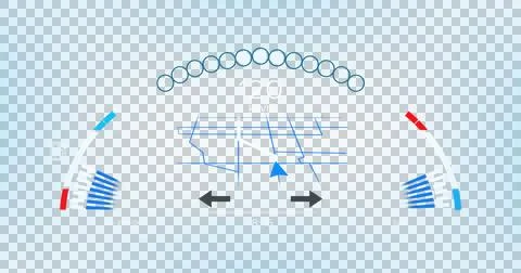 Image of interface with speedometer and power and energy icons on blue Stock Illustration