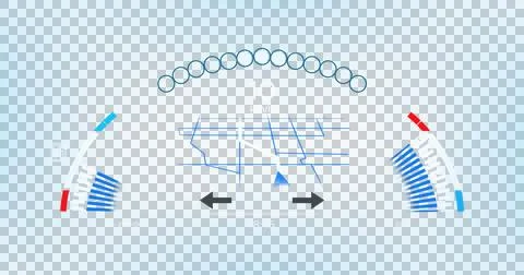 Image of interface with speedometer and power and energy icons on blue Stock Illustration