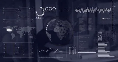 Image of interface with spinning globe and data processing against man using a 스톡 사진
