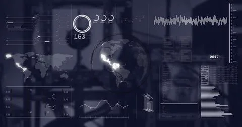 Image of interface with spinning globe and data processing against empty office Stock Photos
