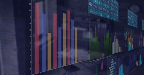 Image of interface with statistical data processing against empty office Stock Photos