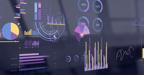 Image of interface with statistical data processing against empty office Foto stock