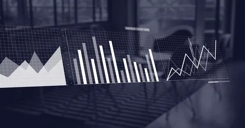 Image of interface with statistical data processing against empty office Foto stock