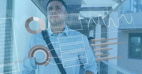 Image of interface with statistical data processing over biracial man walking on Stock Photos