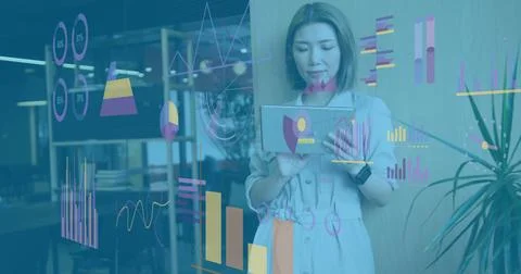 Image of interface with statistical data processing against asian woman using a Stock Photos