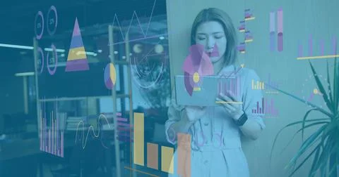 Image of interface with statistical data processing against asian woman using a Photos