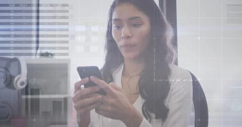 Image of interface with statistics and data with businesswoman using smartphone Stock Photos