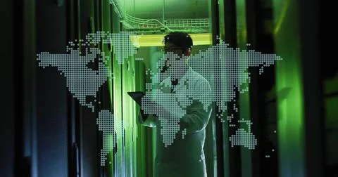 Image of interface with world map and green processing data Stock Photos