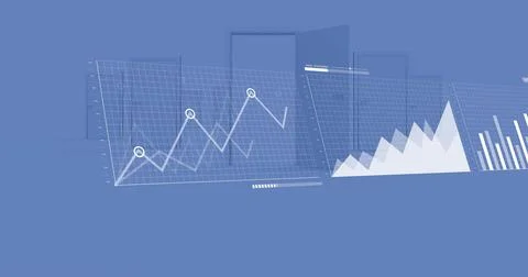 Image of interfaces with charts processing data over blue doors イラスト素材