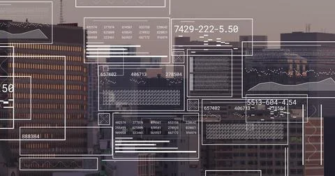 Image of interfaces with data processing against aerial view of cityscape Stockillustratie