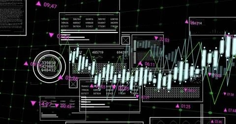 Image of interfaces with data processing against black background Illustrazione stock