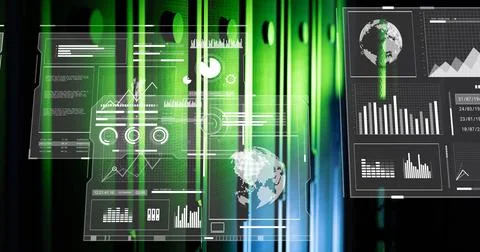 Image of interfaces with data processing against computer server room Stockfoto's
