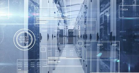 Image of interfaces with data processing and mosaic squares against computer Stock Illustration