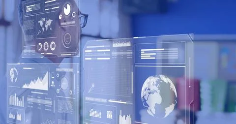 Image of interfaces processing data over diverse male teacher and schoolchildren Foto stock