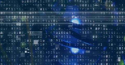 Image of interference and binary coding over server room Illustrazione stock