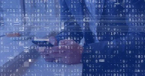 Image of interference and data processing over caucasian man using smartphone Stock Photos