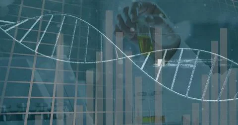 Image of interference and dna strand over caucasian scientist in lab Ilustração Stock