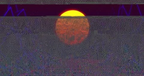 Image of interference and sun over digital mountains on black background Stock Illustration