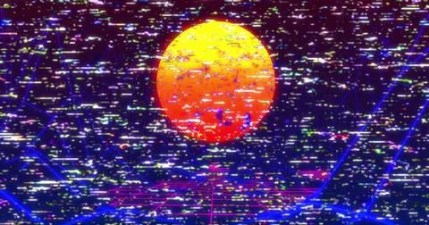 Image of interference and sun over digital mountains on black background Stock Illustration