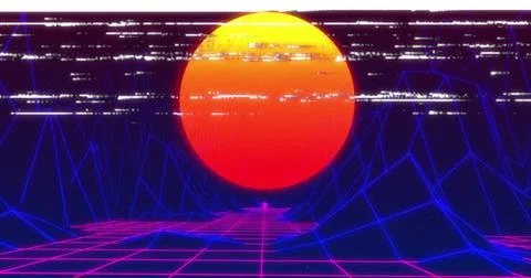Image of interference and sun over digital mountains on black background Stock Illustration