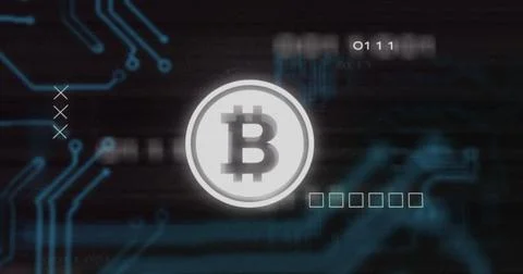Image of interference over bitcoin symbol, data processing and computer circuit Stock Illustration