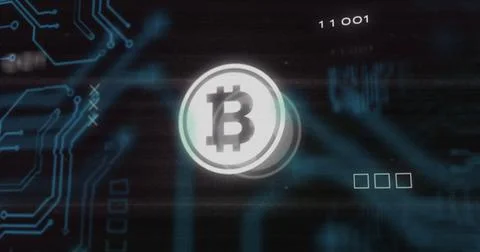 Image of interference over bitcoin symbol, data processing and computer circuit Stockillustratie