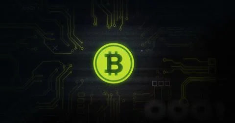 Image of interference over bitcoin symbol, data processing and computer circuit Illustrazione stock