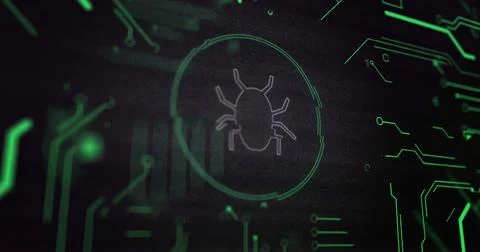 Image of interference over bug icon , data processing and computer circuit board Illustrazione stock