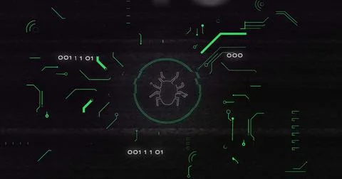 Image of interference over bug icon , data processing and computer circuit board Stock Illustration