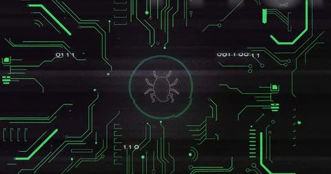 Image of interference over bug icon , data processing and computer circuit board Stock Illustration
