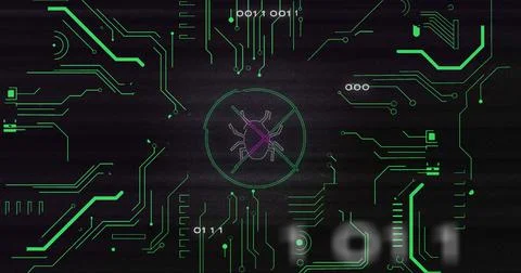 Image of interference over bug icon , data processing and computer circuit board Stockillustratie