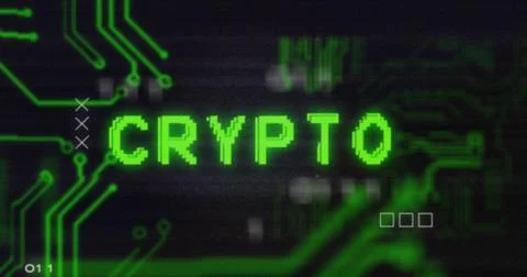 Image of interference over crypto text, data processing and computer circuit Illustrazione stock