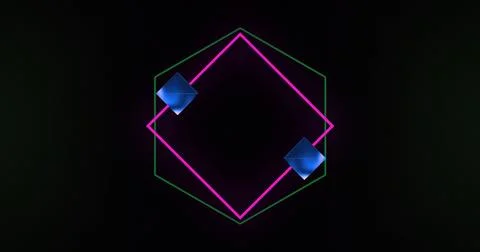 Image of interference over green hexagon, 3d diamonds and pink neon square on Ilustração Stock