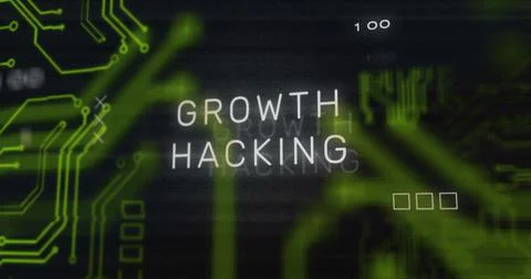 Image of interference over growth hacking text, data processing and computer Illustrazione stock