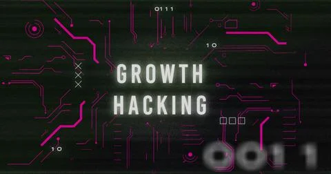 Image of interference over growth hacking text, data processing and computer Illustrazione stock