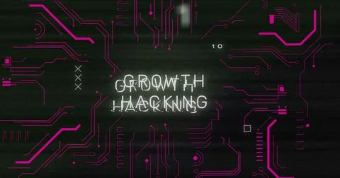 Image of interference over growth hacking text, data processing and computer Illustrazione stock