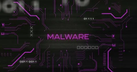 Image of interference over malware text, data processing and computer circuit Stock Illustration