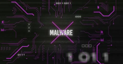 Image of interference over malware text, data processing and computer circuit Illustrazione stock