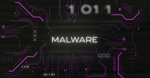 Image of interference over malware text, data processing and computer circuit Illustrazione stock
