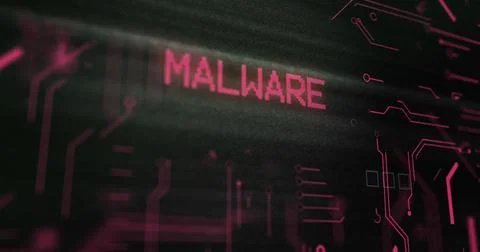 Image of interference over malware text, data processing and computer circuit Stock Illustration