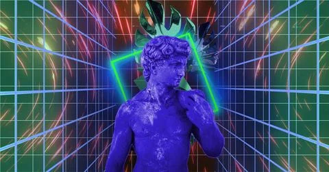 Image of interference over neon shapes with sculpture, leaves and lines on .. Foto stock