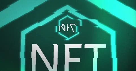 Image of interference over nft text in neon hexagon on blue background Stock Illustration