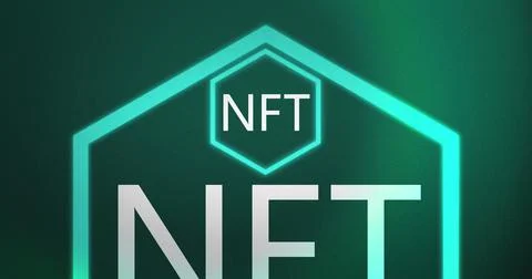 Image of interference over nft text in neon hexagon on blue background Stock Illustration