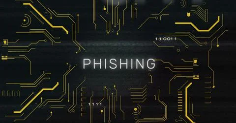 Image of interference over phishing text, data processing and computer circuit Illustrazione stock