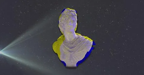 Image of interference over sculpture with light trails and spots on black b.. Stock Photos