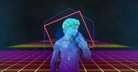 Image of interference over sculpture with shapes and lines on black background Stock Illustration