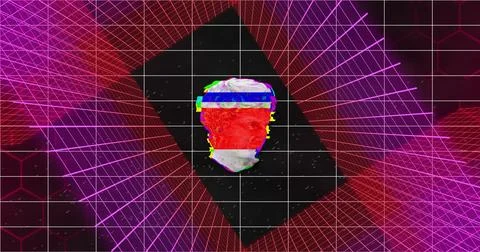 Image of interference over sculpture with shapes and lines on black background Stock Illustration