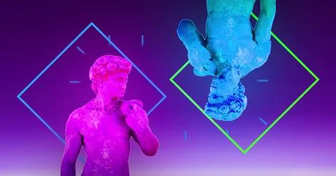 Image of interference over sculpture with shapes on purple background Stock Illustration
