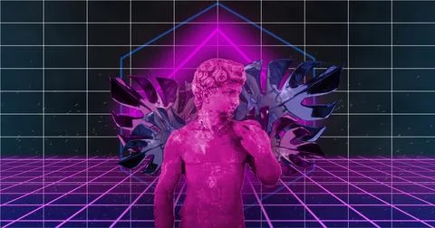 Image of interference over sculpture with tropical leaves and over lines on Stock Illustration
