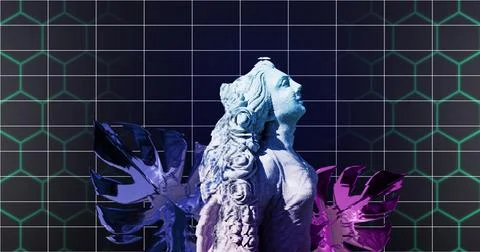 Image of interference over sculpture with tropical leaves and over lines on Stock Illustration
